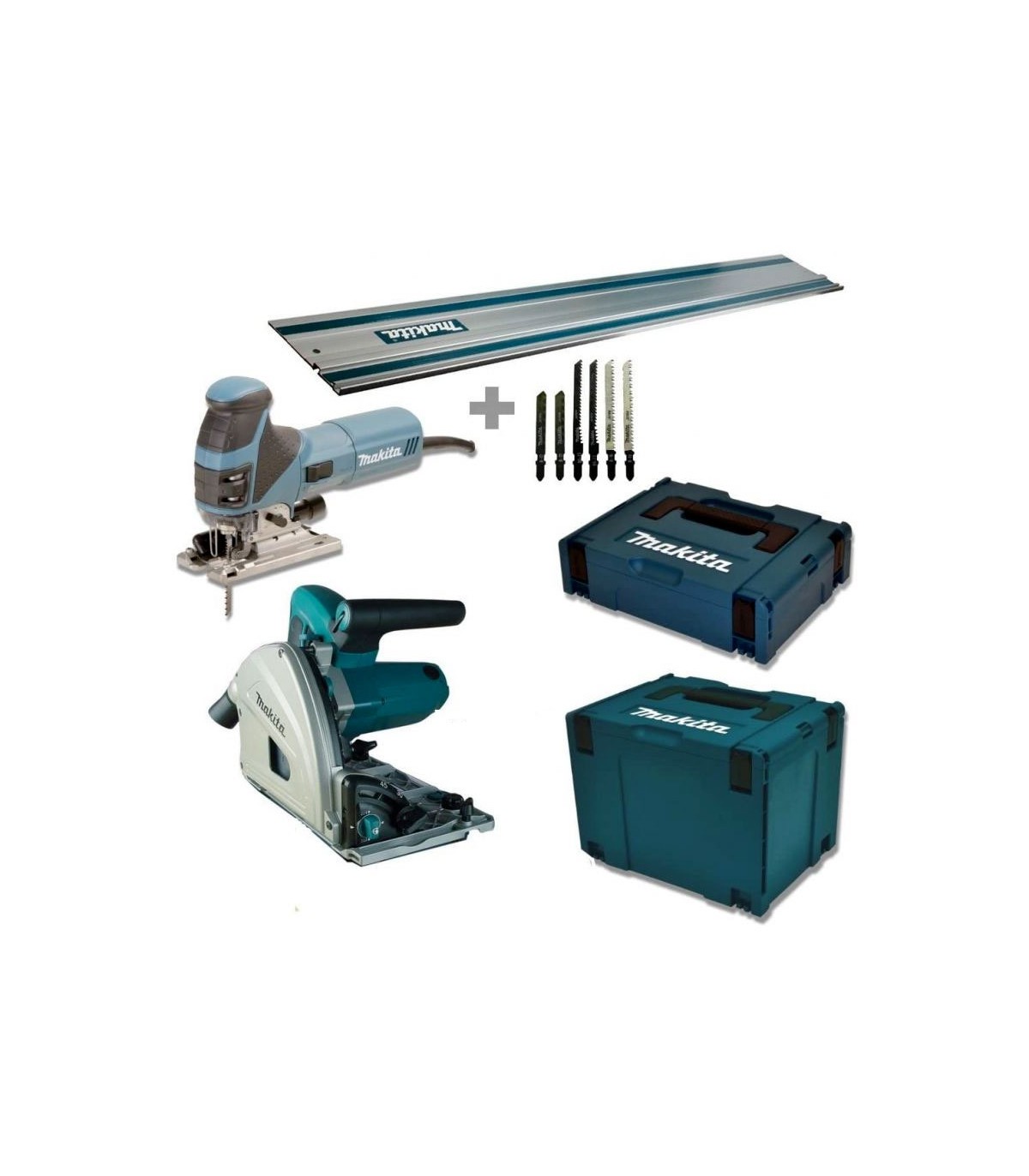 Kit 2 outils : Scie plongeante SP6000J + Rail de 1400 MAKITA + Scie  sauteuse 4351FCTJ MAKITA 