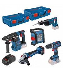 Kit 5 outils | Perceuse à percussion GSB 18 V-60 C + Meuleuse d'angle GWS 18 V-10 C + Marteau perforateur GBH 18 V-26 + Scie sab