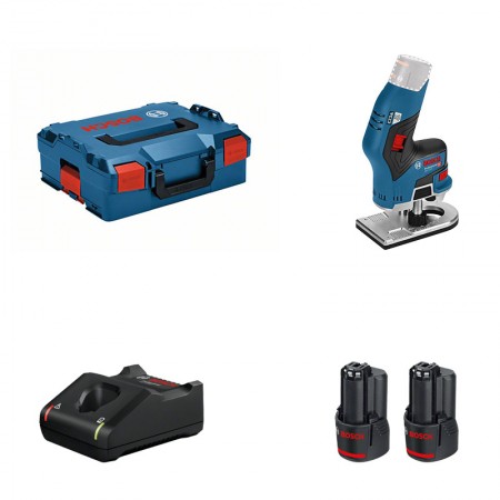 Affleureuse GKF 12V-8 + 2 batteries 12V 3 Ah + 1 chargeur GAL 12V-40 BOSCH