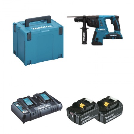 Perforateur burineur SDS-Plus 2x18V DHR264ZJ + 2 batteries BL1850B 18V 5 Ah + 1 chargeur rapide double DC18RD MAKITA