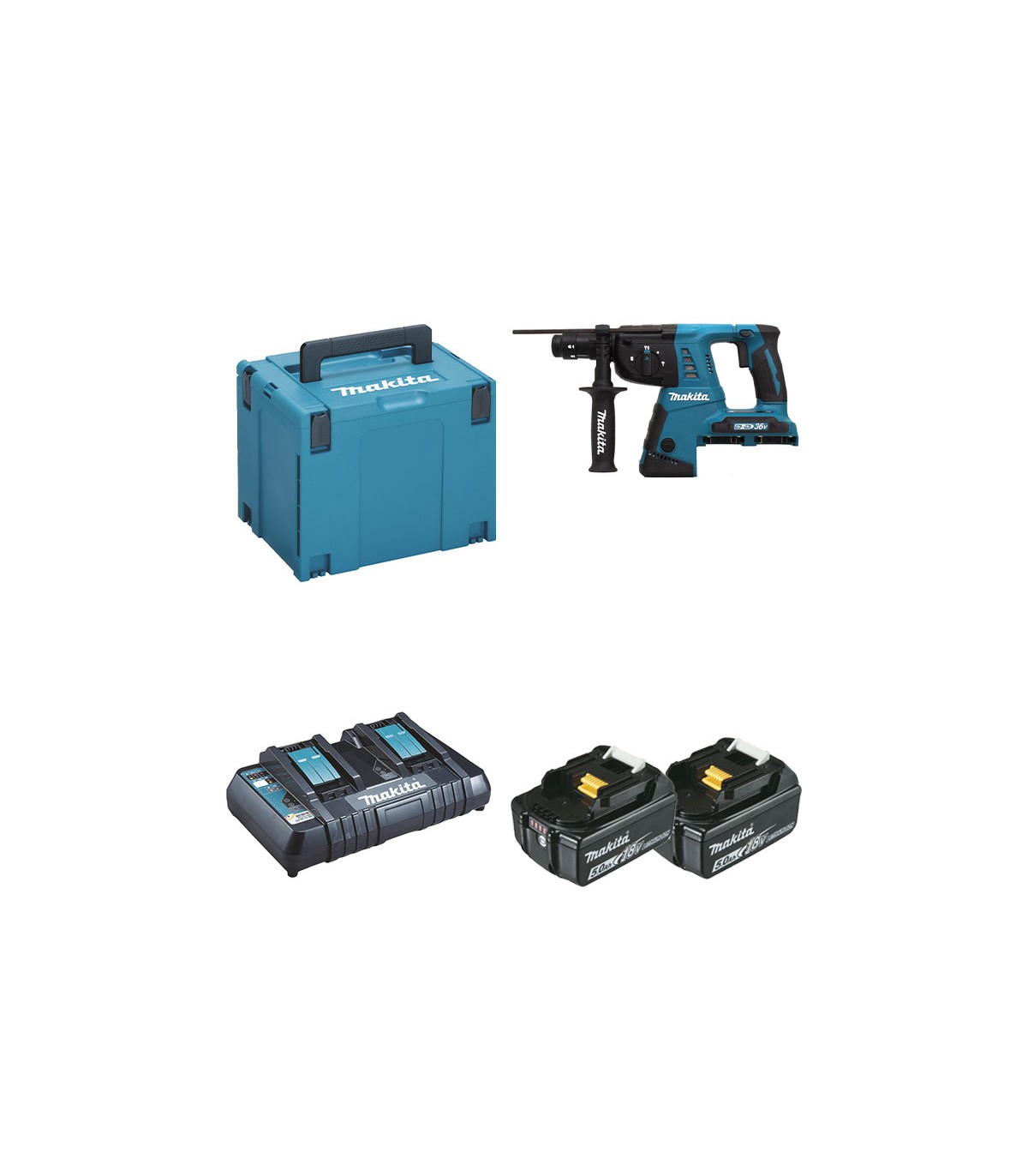 Perforateur burineur SDS-Plus 2x18V DHR264ZJ + 2 batteries BL1850B 18V 5 Ah + 1 chargeur rapide double DC18RD MAKITA