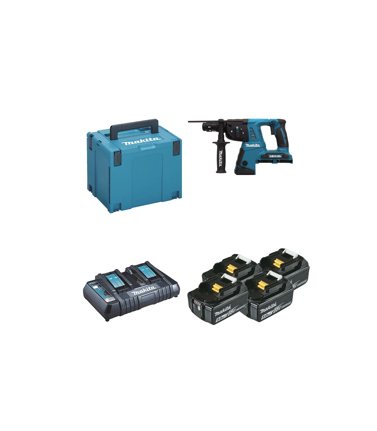 Perforateur burineur SDS-Plus 2x18V DHR264ZJ + 4 batteries BL1850B 18V 5 Ah + 1 chargeur rapide double DC18RD MAKITA