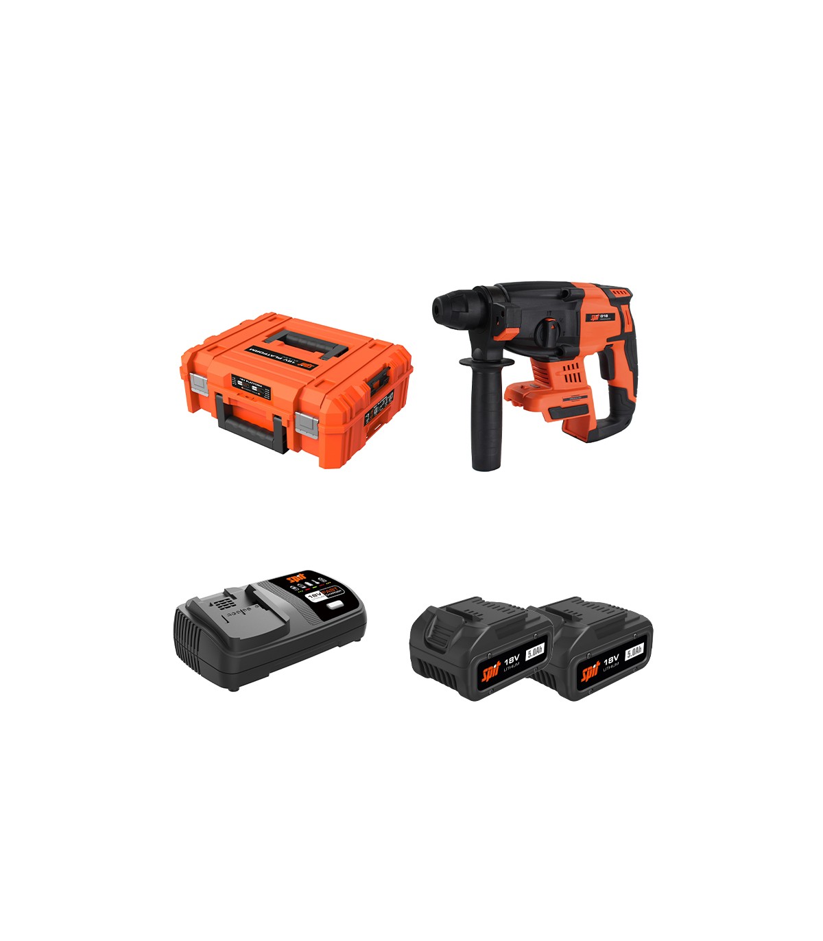 Perforateur piqueur D18 SDS Plus 18V + 2 batteries 18V 5 Ah + chargeur rapide SPIT
