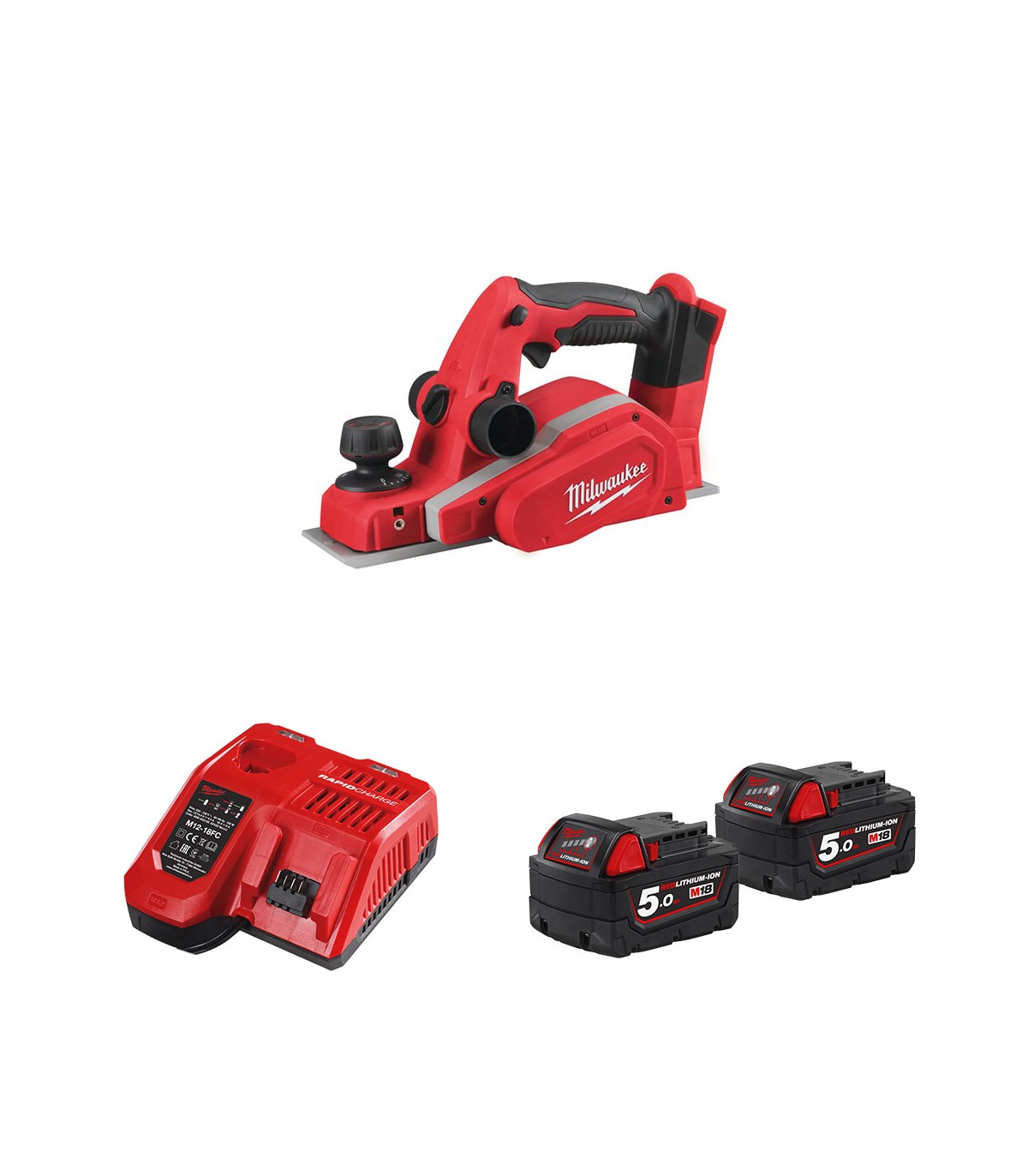 Rabot 82 mm M18 BP-0 + 2 batteries 18V 5 Ah + 1 chargeur M12-18FC MILWAUKEE