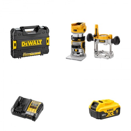 Affleureuse - défonceuse XR 18V DCW604NT-XJ + 1 batterie 18V 5 Ah + 1 chargeur DCB1104-QW DEWALT