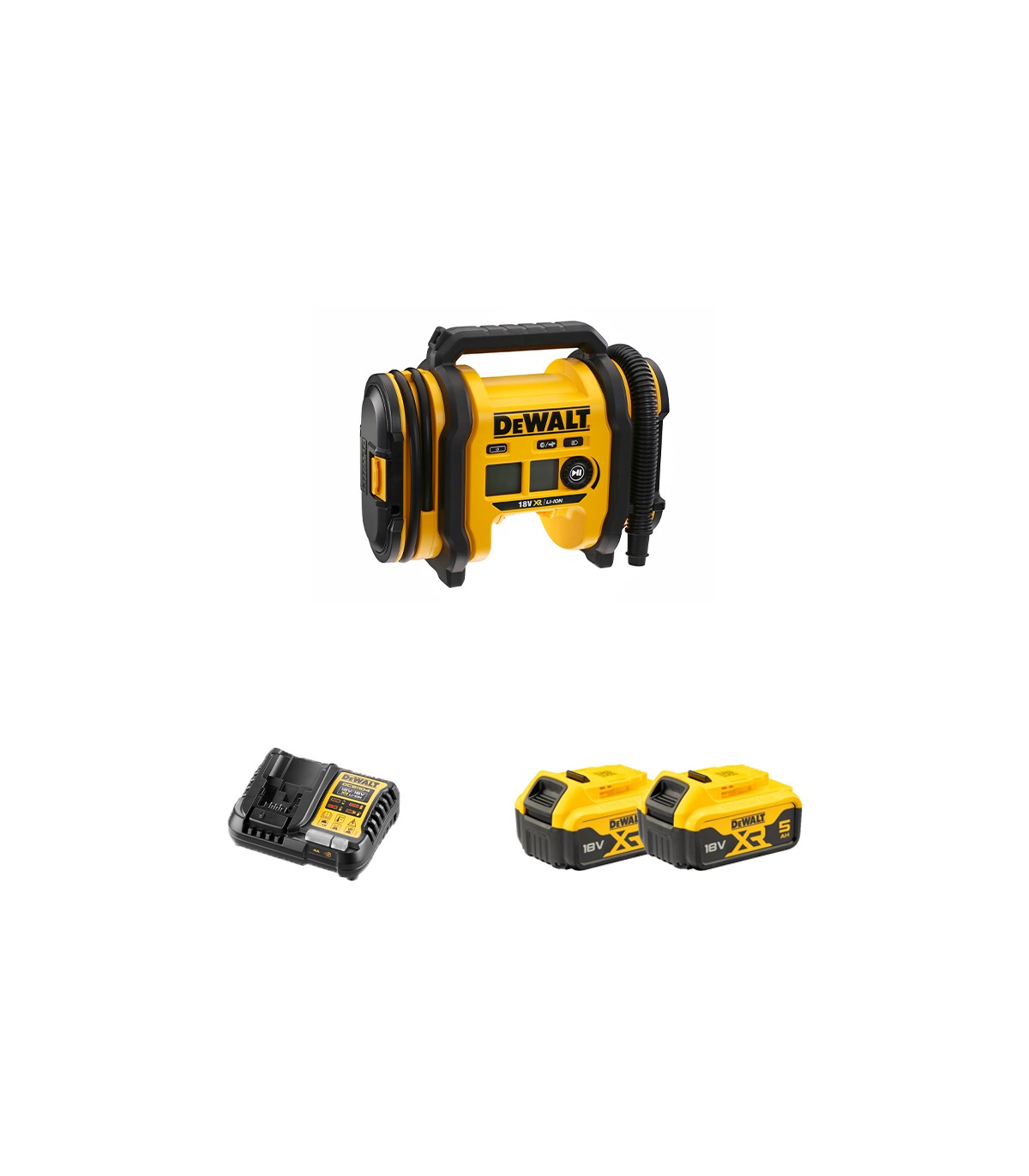 Gonfleur 18V XR DCC018N-XJ + 2 batteries 18V 5 Ah + 1 chargeur DCB1104-QW DEWALT