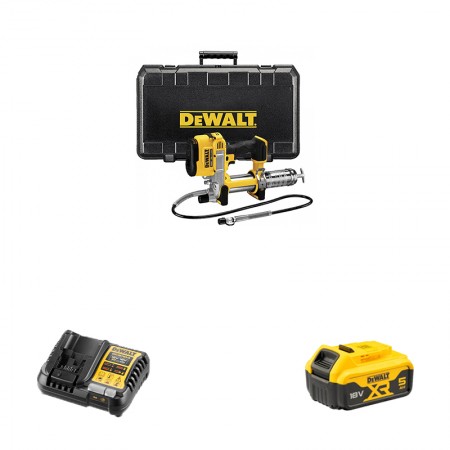 Pompe à graisse 18V DCGG571NK-XJ + 1 batterie 18V 5 Ah + 1 chargeur DCB1104-QW DEWALT