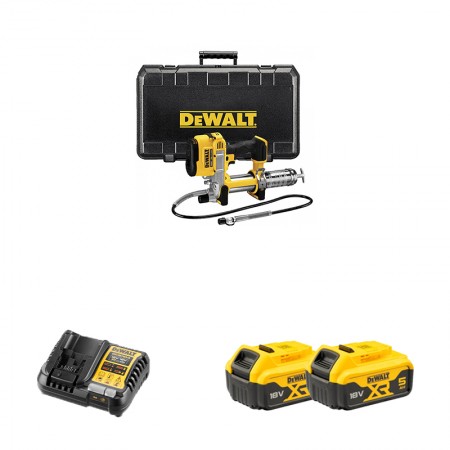 Pompe à graisse 18V DCGG571NK-XJ + 2 batteries 18V 5 Ah + 1 chargeur DCB1104-QW DEWALT