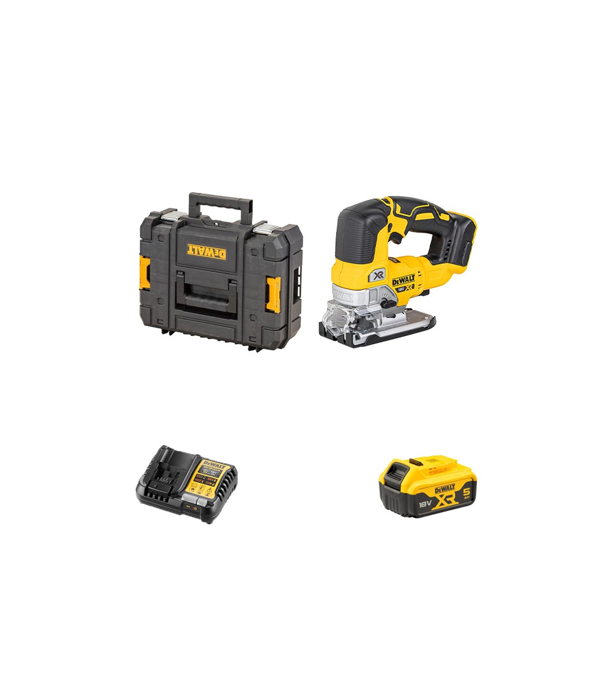 Scie sauteuse 18V DCS334NT-XJ + 1 batterie 18V 5 Ah + 1 chargeur rapide DCB1104-QW DEWALT