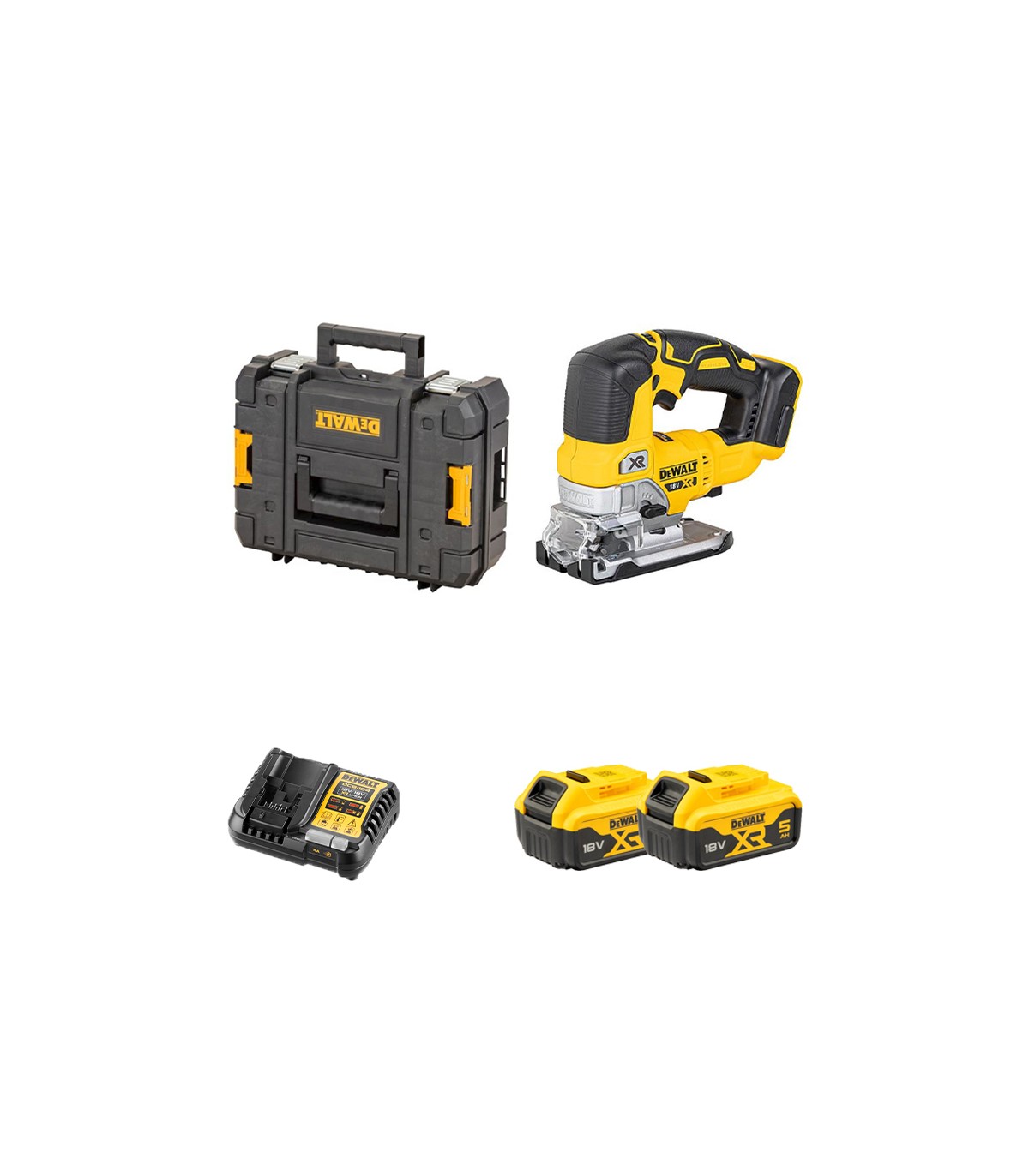 Scie sauteuse 18V DCS334NT-XJ + 2 batteries 18V 5 Ah + 1 chargeur rapide DCB1104-QW DEWALT