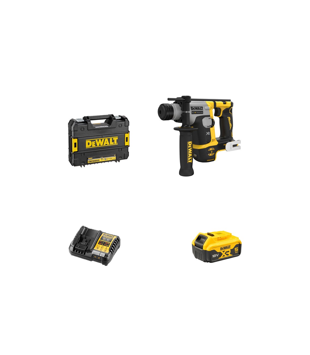 Perforateur SDS Plus 18V DCH172NT-XJ + 1 batterie 18V 5 Ah + 1 chargeur DCB1104-QW DEWALT