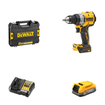 Perceuse-visseuse 18V DCD800NT-XJ + 1 batterie POWERSTACK 18V 1.7 Ah + 1 Chargeur DCB1104-QW DEWALT