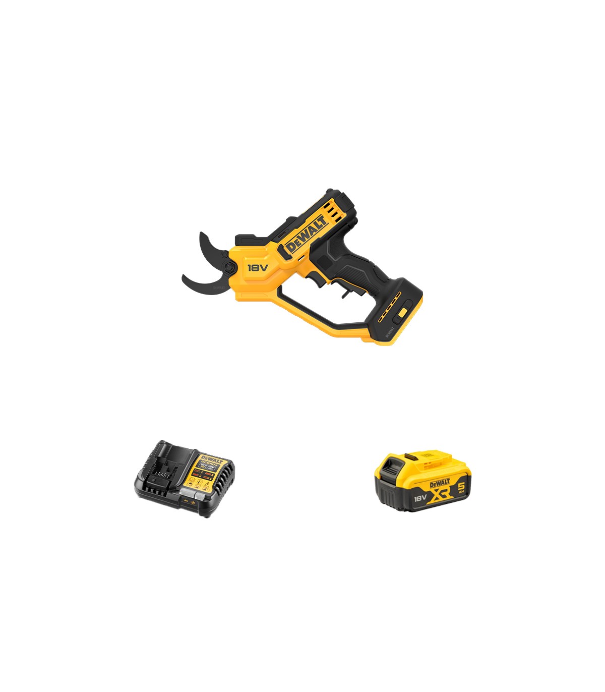 Sécateur 18V DCMPP568N-XJ + 1 batterie 18V 5 Ah + chargeur DCB1104-QW DEWALT