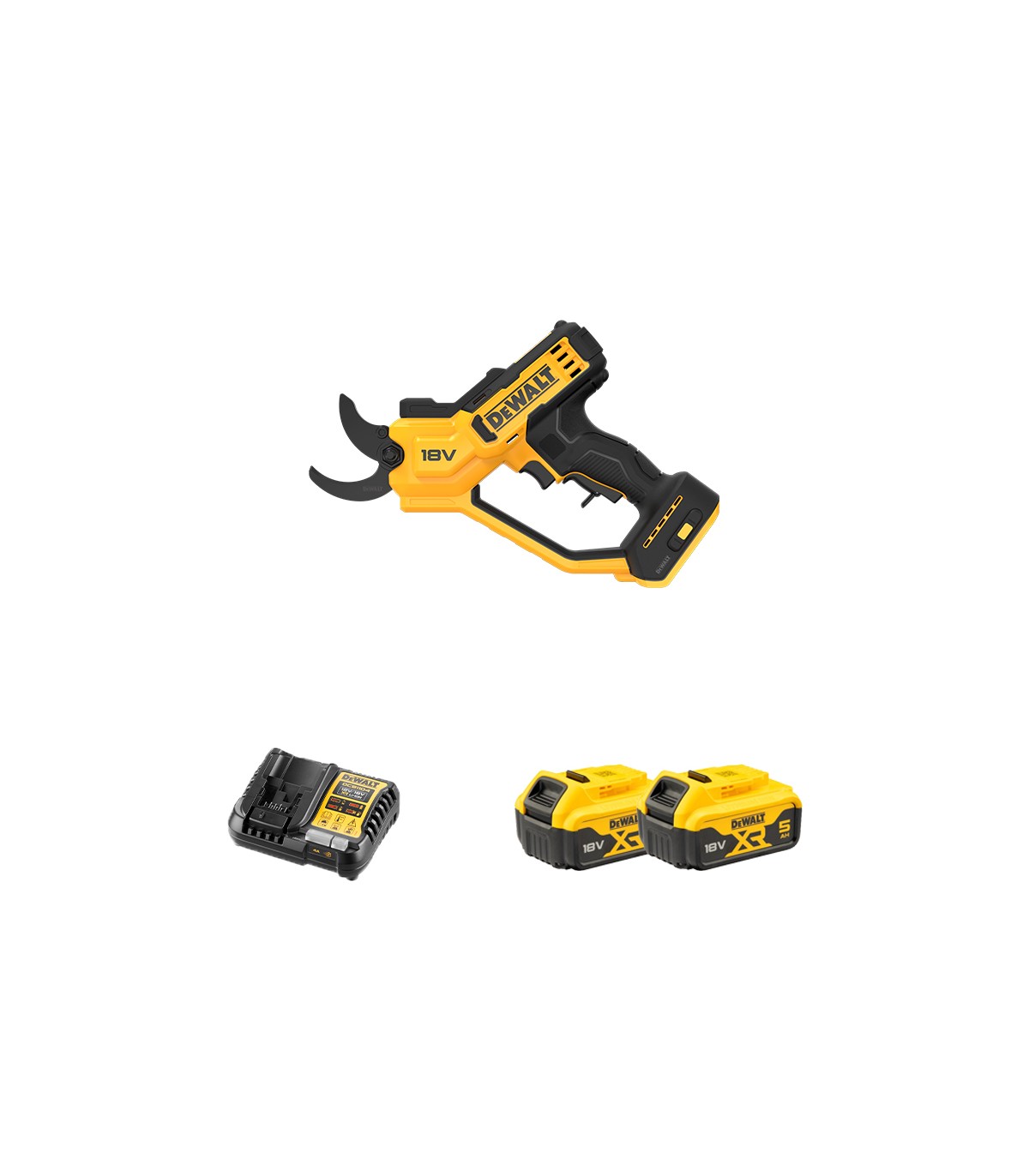 Sécateur 18V DCMPP568N-XJ + 2 batteries 18V 5 Ah + chargeur DCB1104-QW DEWALT