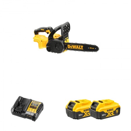 Tronçonneuse 18V DCM565N-XJ + 2 batteries 18V 5 Ah + chargeur DCB1104-QW DEWALT