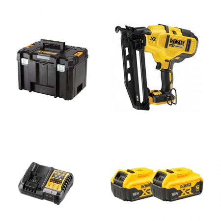 Cloueur de finition 18V DCN660N-XJ + 2 batteries 18V 5 Ah + chargeur DCB1104-QW DEWALT