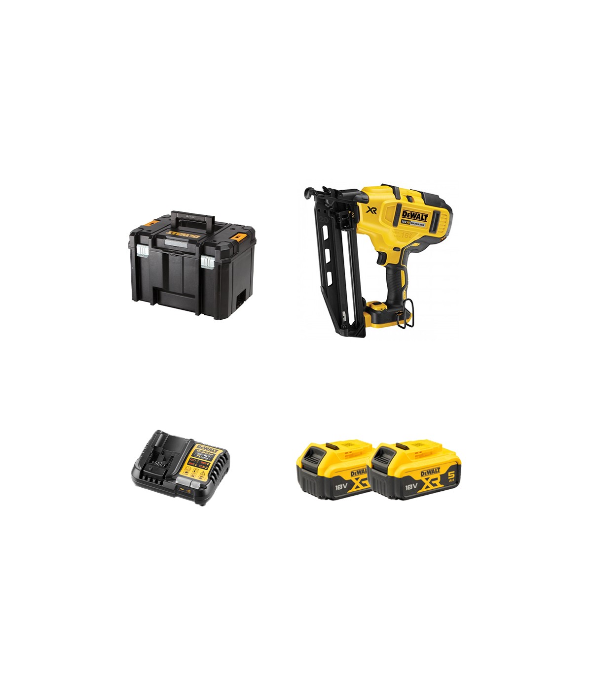 Cloueur de finition 18V DCN660N-XJ + 2 batteries 18V 5 Ah + chargeur DCB1104-QW DEWALT