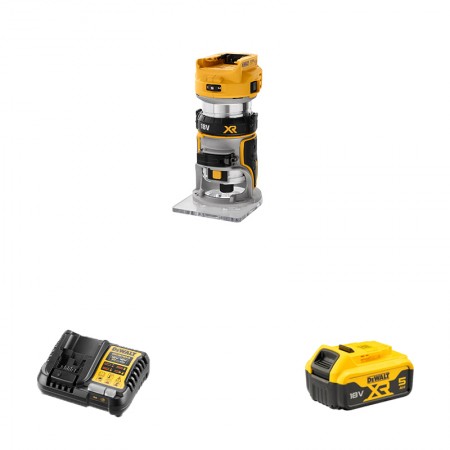 Affleureuse XR 18V DCW600N-XJ + 1 batterie 18V 5 Ah + 1 chargeur DCB1104-QW DEWALT