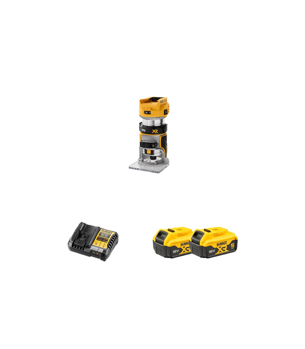 Affleureuse XR 18V DCW600N-XJ + 2 batteries 18V 5 Ah + 1 chargeur DCB1104-QW DEWALT
