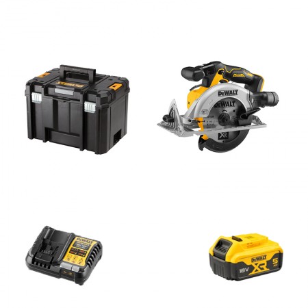 Scie circulaire 18V Ø165mm DCS565NT-XJ + 1 batterie 18V 5 Ah + 1 chargeur DCB1104-QW DEWALT