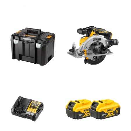 Scie circulaire 18V Ø165mm DCS565NT-XJ + 2 batteries 18V 5 Ah + 1 chargeur DCB1104-QW DEWALT