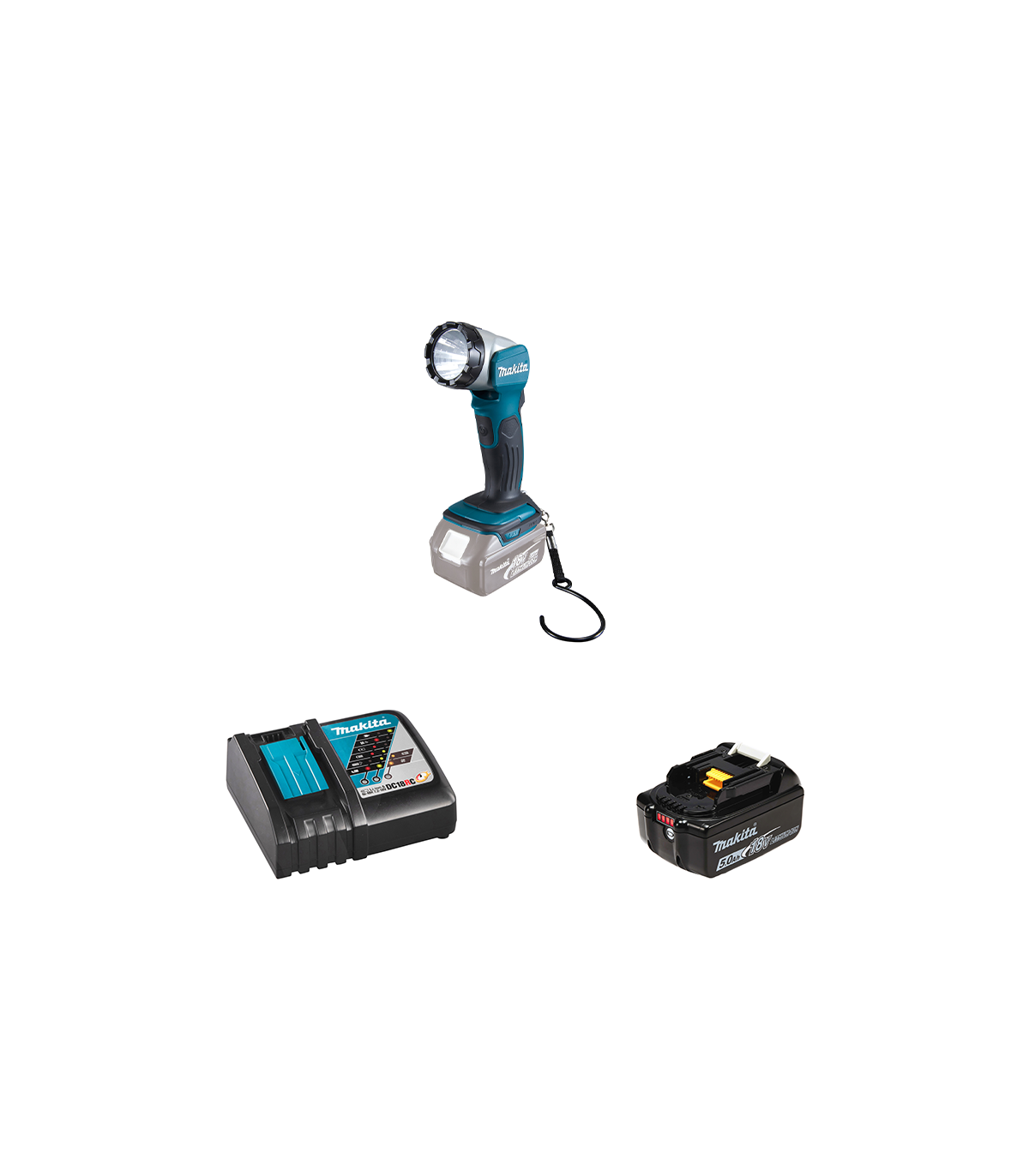 Lampe torche 14,4/18 V DEBDML802 + 1 batterie 18V 5 Ah + 1 chargeur rapide DC18RC MAKITA