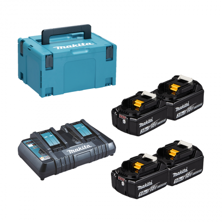 Pack 2 batteries BL1830B 18V 3 Ah + 2 batteries BL1850B 18V 5 Ah + chargeur double DC18RD MAKITA