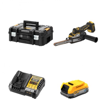 Lime à bande 18V DCM200NT + 1 batterie 18V 1,7 Ah Powerstack + 1 chargeur DCB1104-QW DEWALT