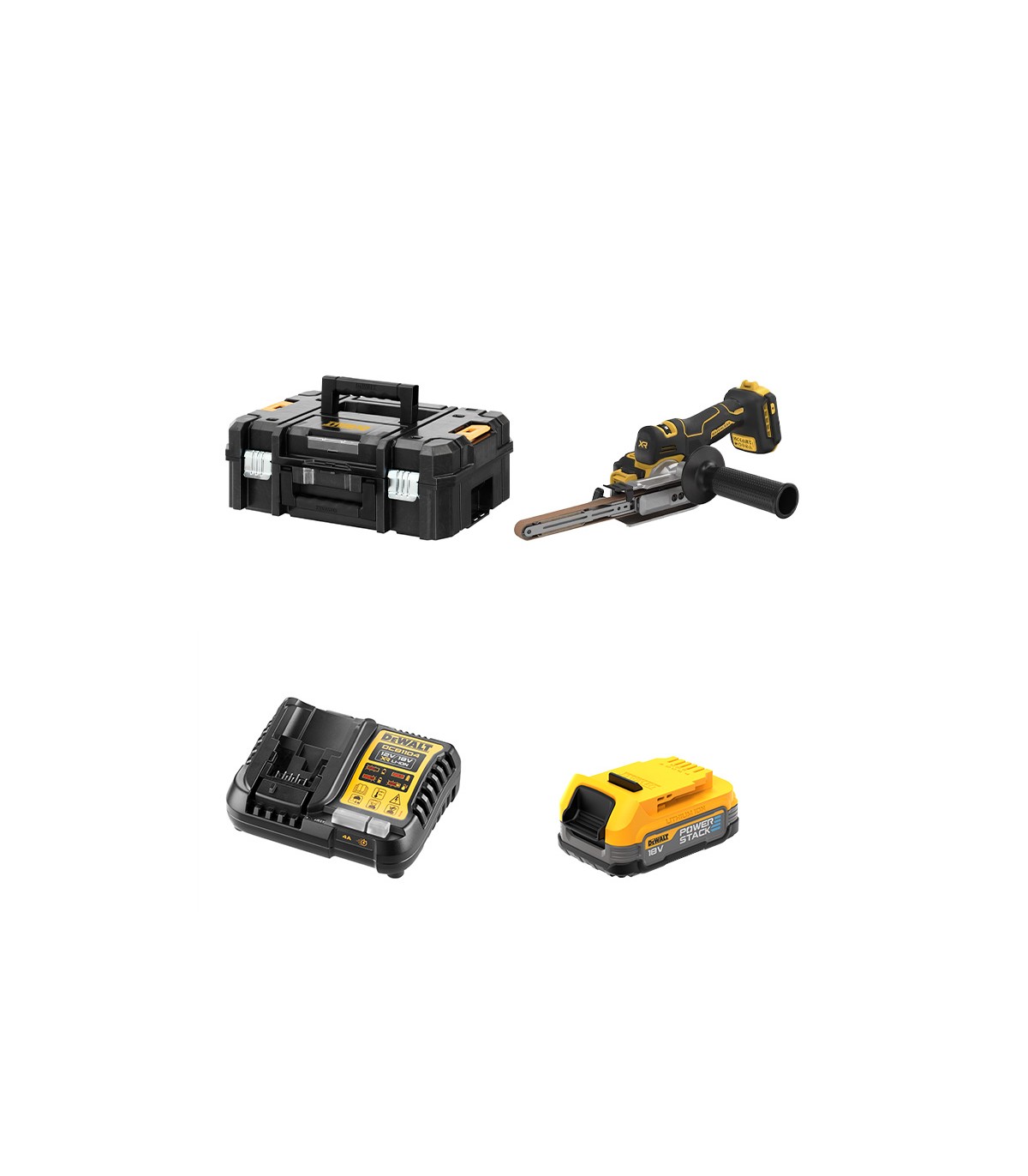 Lime à bande 18V DCM200NT + 1 batterie 18V 1,7 Ah Powerstack + 1 chargeur DCB1104-QW DEWALT