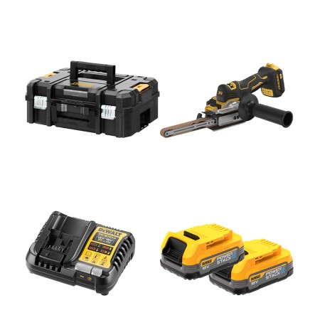 Lime à bande 18V DCM200NT + 2 batteries 18V 1,7 Ah Powerstack + 1 chargeur DCB1104-QW DEWALT