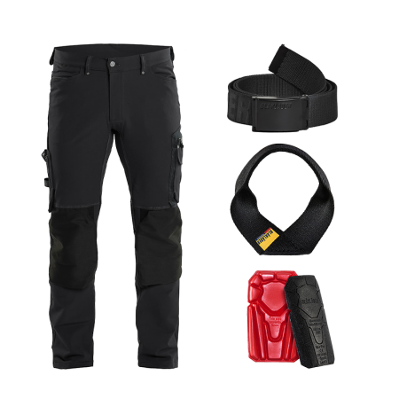 Pack Pantalon X1900 artisan stretch 4D + Genouillère + Ceinture unie noire + Boucle porte marteau BLAKLADER