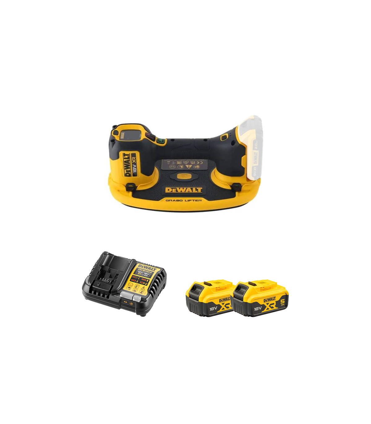 Ventouse à vide d'air 18V DCE590N-XJ + 2 batteries 18V 5 Ah + 1 Chargeur DCB1104-QW DEWALT