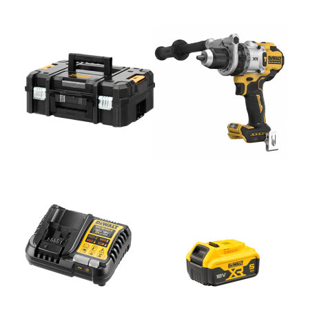 Perceuse-visseuse à percussion 18V DCD1007NT-XJ + 1 batterie 18V 5 Ah + 1 Chargeur DCB1104-QW DEWALT