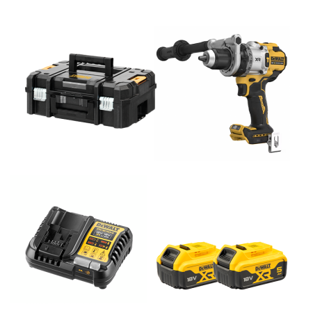 Perceuse-visseuse à percussion 18V DCD1007NT-XJ + 2 batteries 18V 5 Ah + 1 Chargeur DCB1104-QW DEWALT