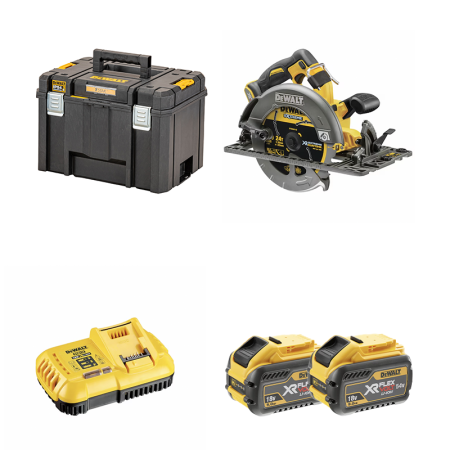 Scie circulaire 54V Ø190 mm DCS579 + 2 batteries 18/54V 9-3Ah + 1 chargeur DCB118-QW DEWALT