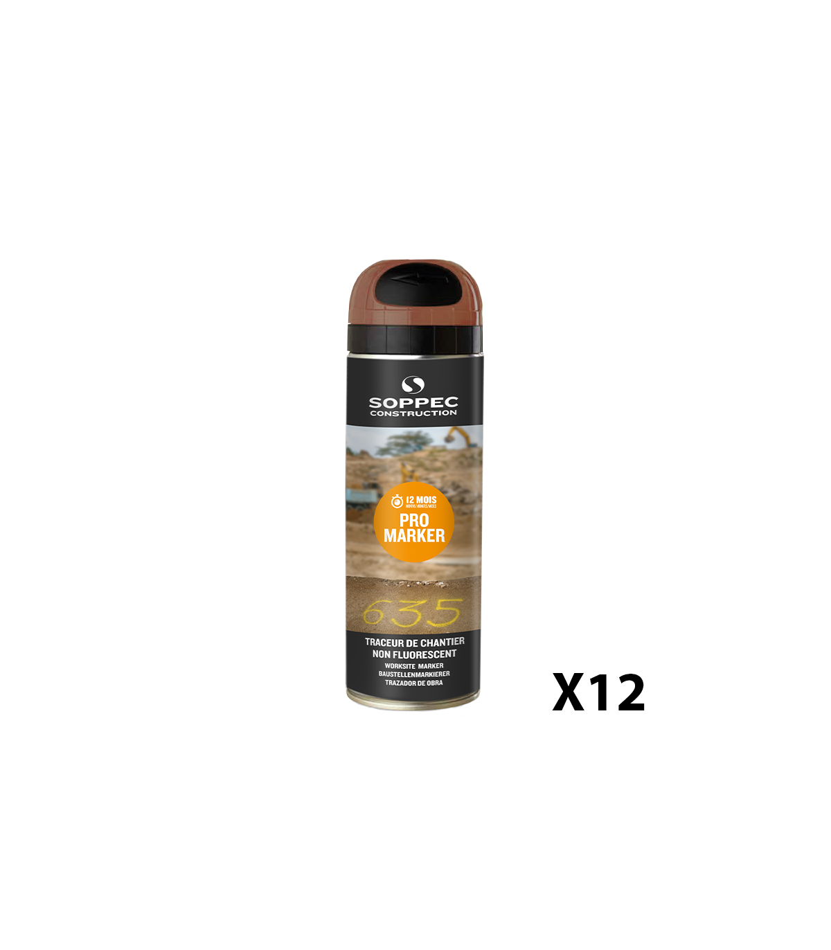 Lot de 12 Traceurs de chantier non fluorescent Pro Marker Marron 650ml SOPPEC