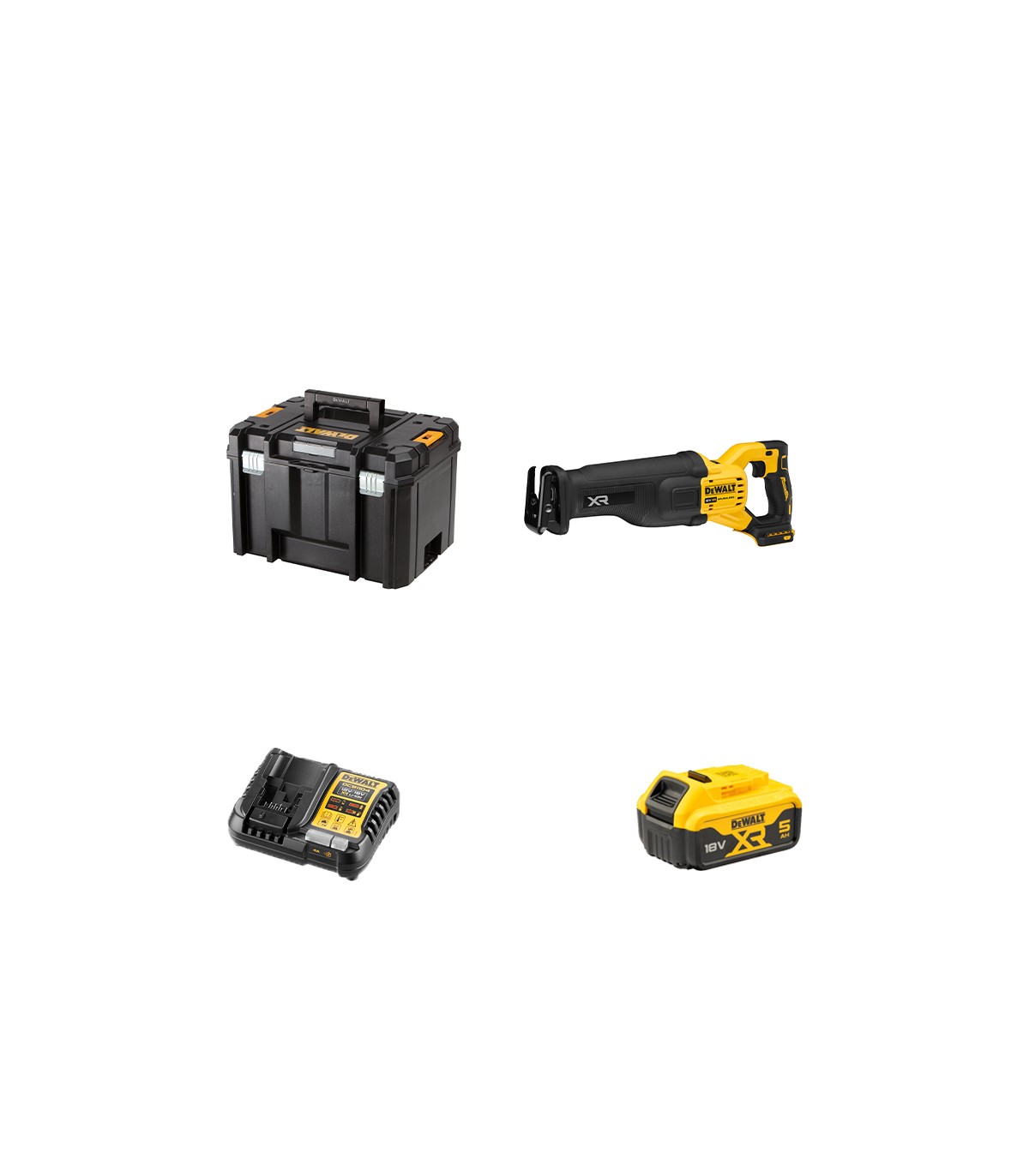 Scie sabre 18V DCS386NT-XJ + 1 batterie 18V 5 Ah + 1 chargeur DCB1104-QW DEWALT