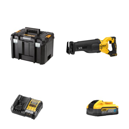 Scie sabre 18V DCS386NT-XJ + 1 batterie 18V 5 Ah Powerstack + 1 chargeur DCB1104-QW DEWALT