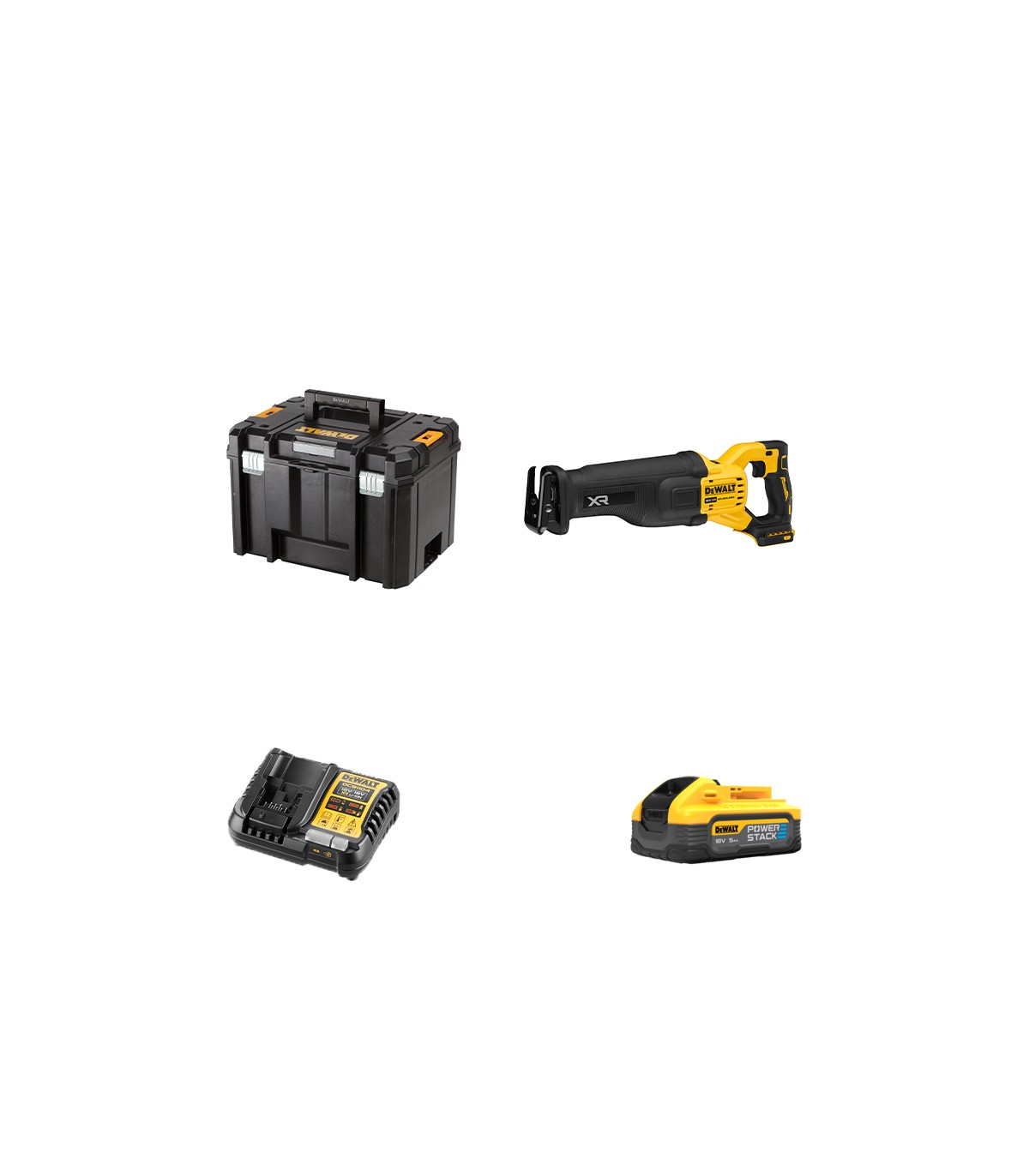 Scie sabre 18V DCS386NT-XJ + 1 batterie 18V 5 Ah Powerstack + 1 chargeur DCB1104-QW DEWALT