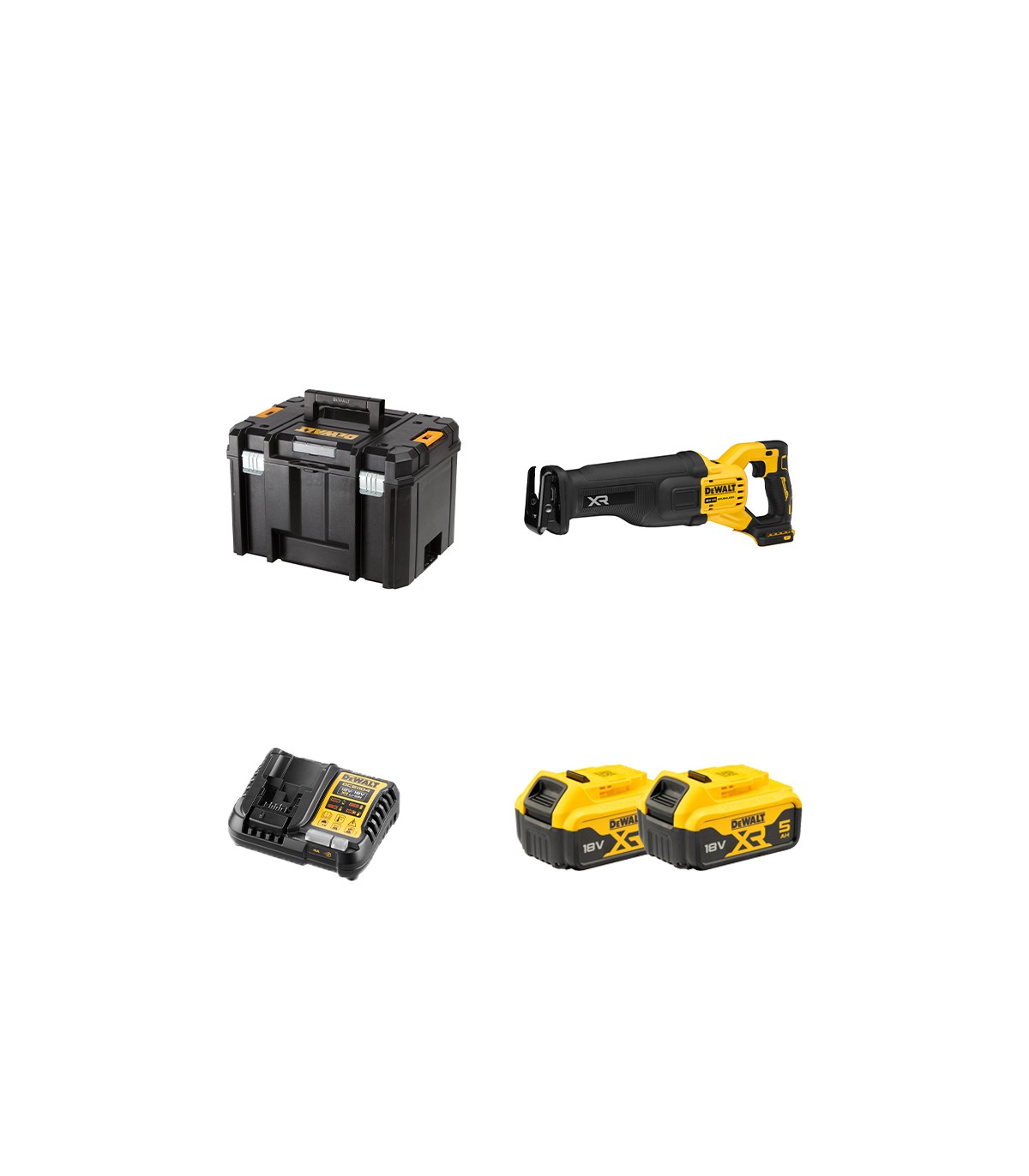 Scie sabre 18V DCS386NT-XJ + 2 batteries 18V 5 Ah + 1 chargeur DCB1104-QW DEWALT