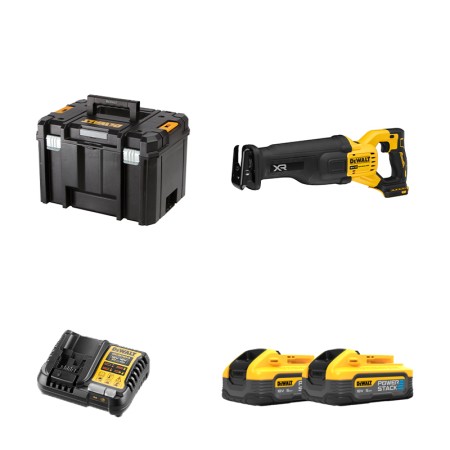 Scie sabre 18V DCS386NT-XJ + 2 batteries 18V 5 Ah PowerStack + 1 chargeur DCB1104-QW DEWALT