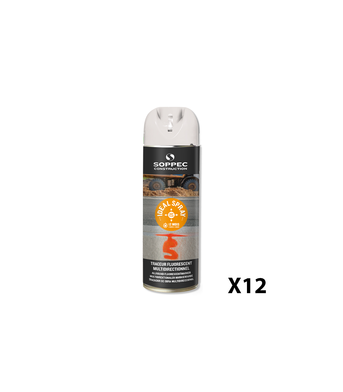 Lot de 12 Traceurs de chantier fluorescent 360° IDEAL SPRAY Blanc SOPPEC