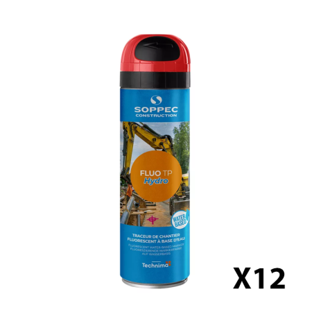 Lot de 12 Traceurs de chantier à l'eau très fluorescent FLUO TP HYDRO Rouge SOPPEC