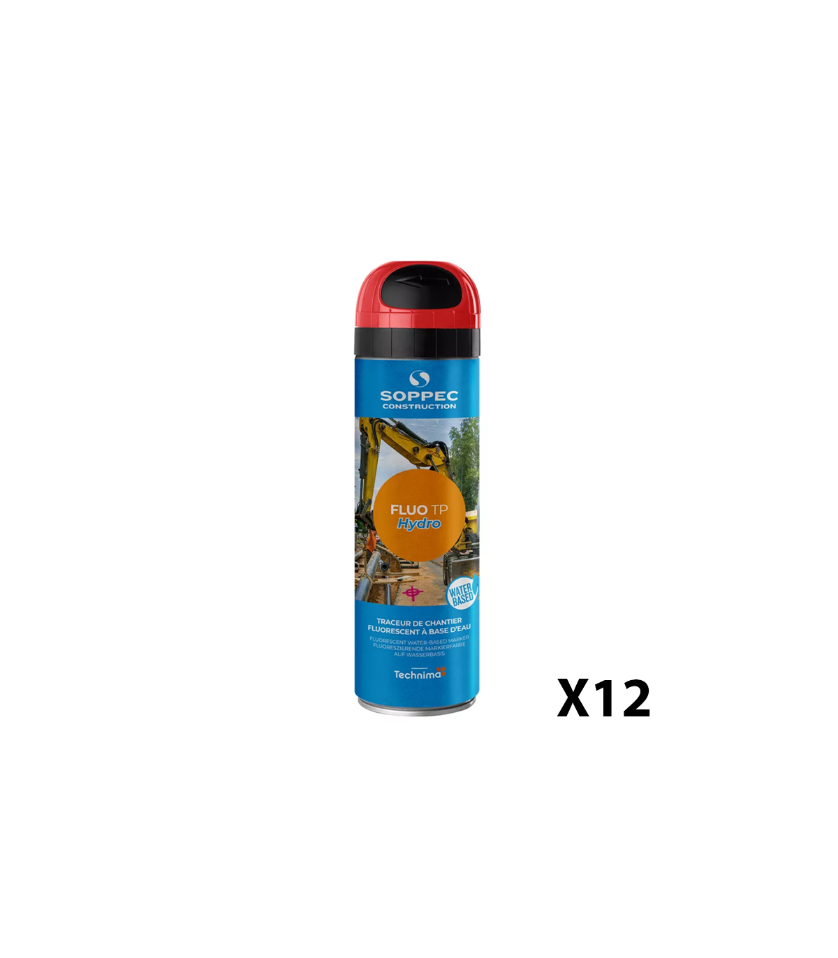 Lot de 12 Traceurs de chantier à l'eau très fluorescent FLUO TP HYDRO Rouge SOPPEC