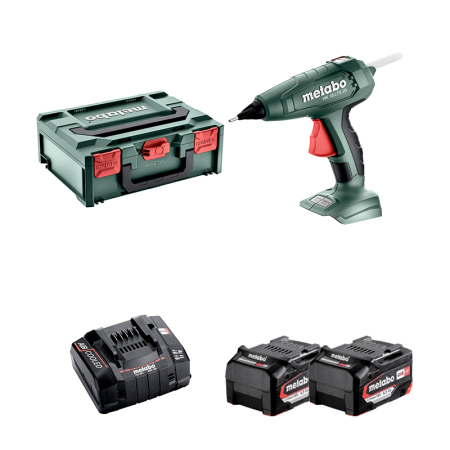 Pistolet à colle sans fil 18V HK 18 LTX 20 + 2 batteries 18V 5,2 Ah + Chargeur rapide ASC 145 METABO