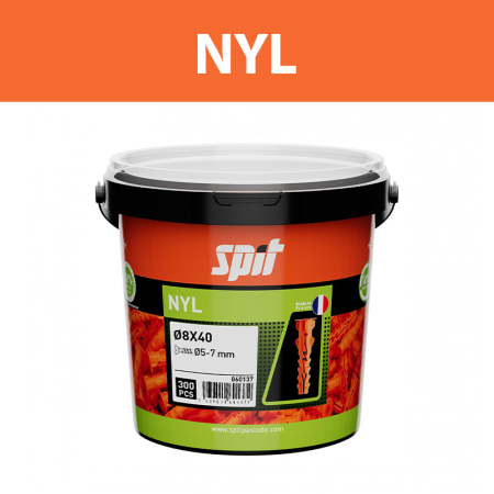 Seau 300 chevilles de fixation légère NYL 8x40 AVEC COLLERETTE SPIT