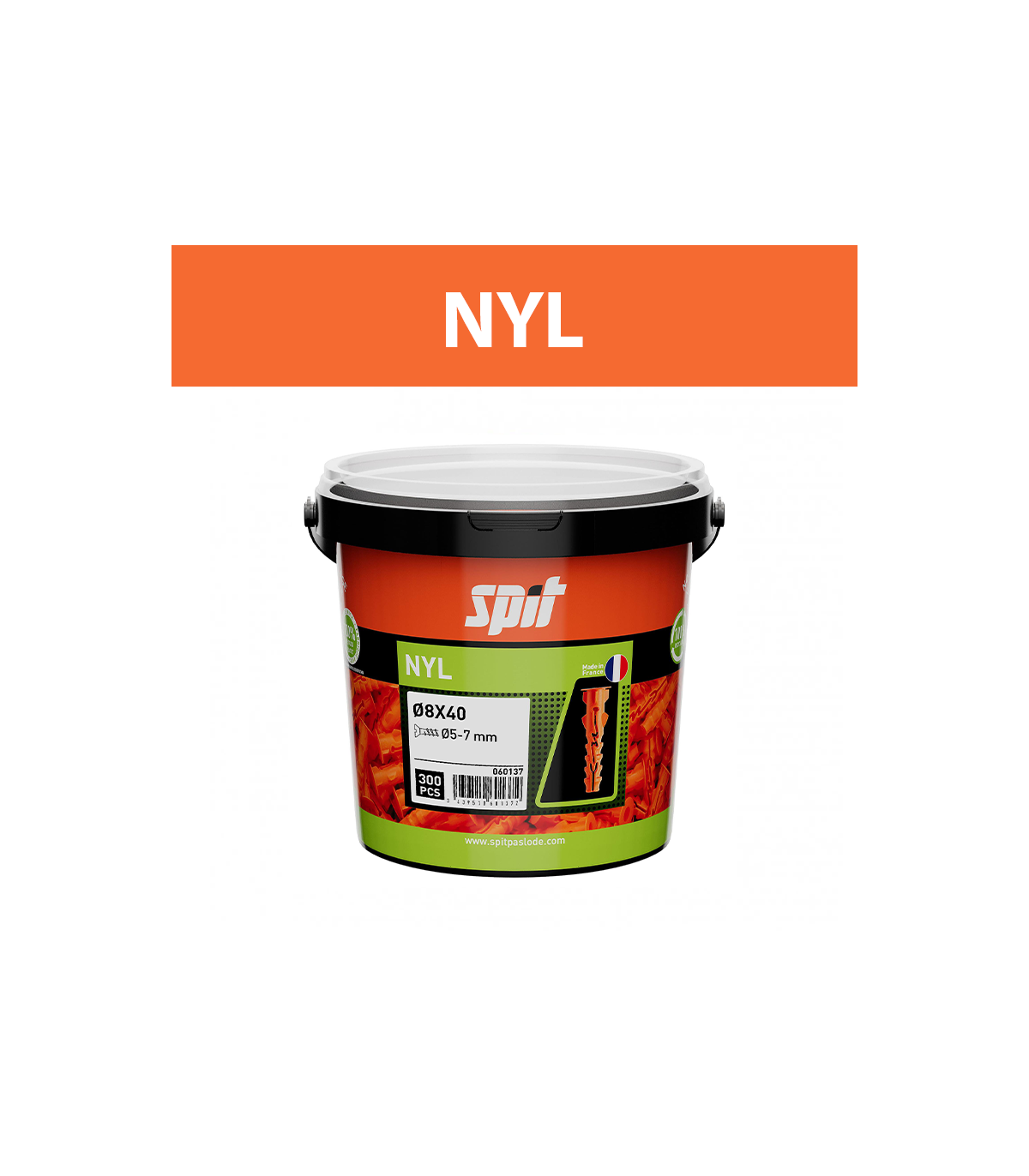 Seau 300 chevilles de fixation légère NYL 8x40 AVEC COLLERETTE SPIT