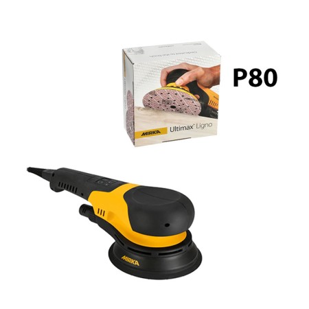 Ponceuse rotative Ø150mm DEROS RS 600 en coffret + 50 abrasifs Ultimax Ligno Ø150 P80 MIRKA