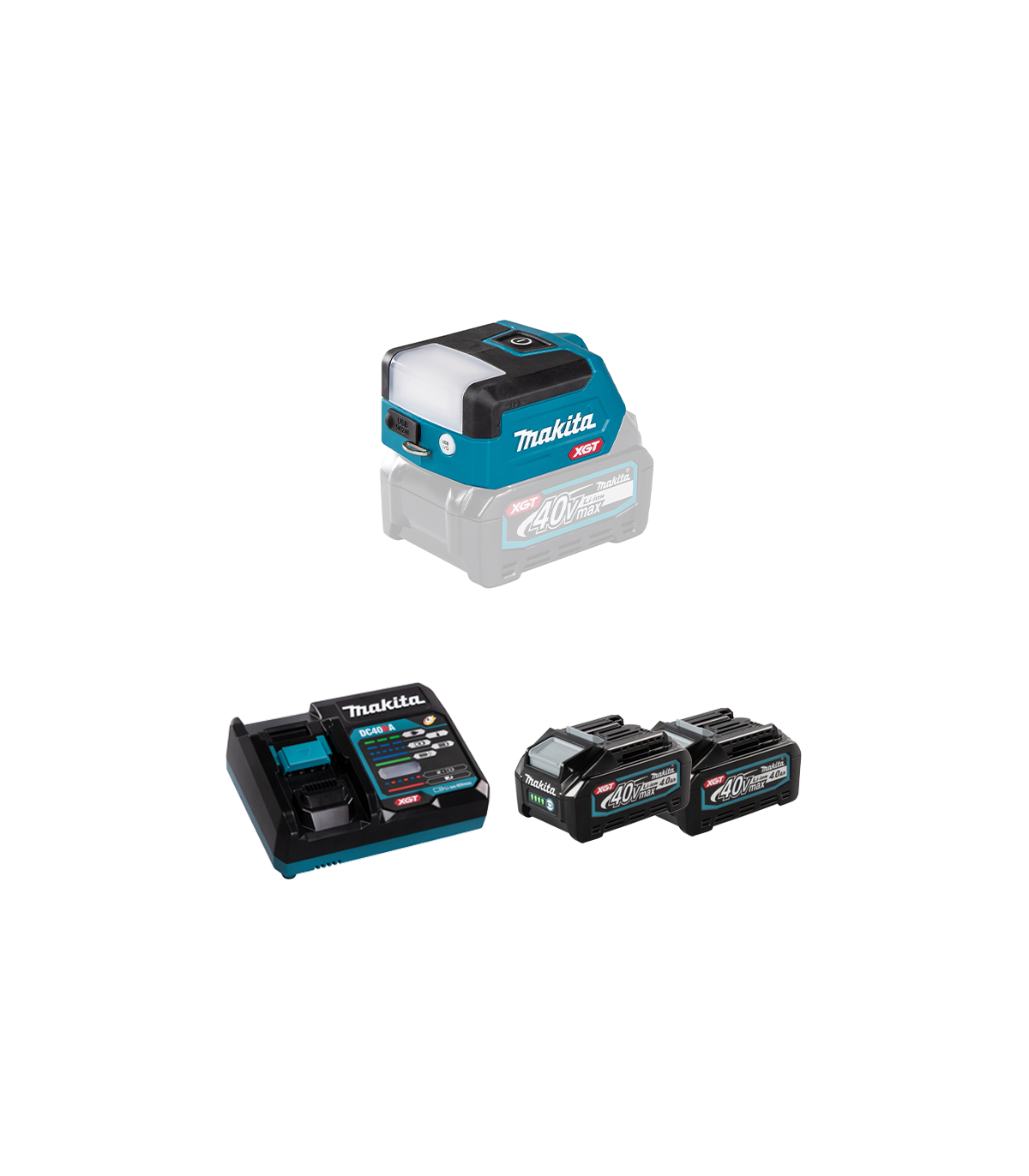 Lampe sur batterie 40V 300lx DEAML011G + 2 batteries 40V 4 Ah + chargeur rapide DC40RA MAKITA