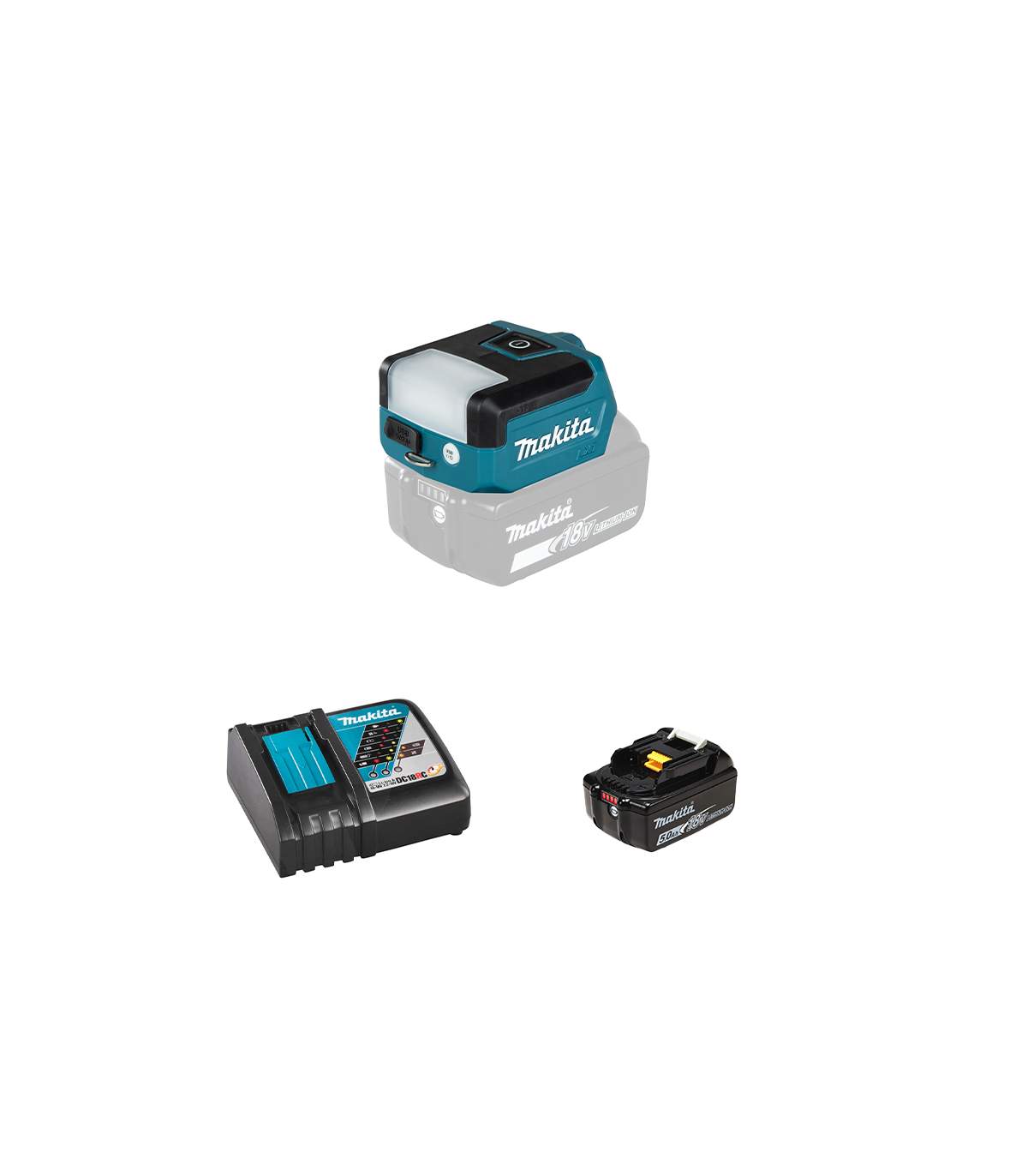 Lampe sur batterie 14,4/18V 300 lx DEADML817 + 1 batterie BL1850B 18V 5 Ah + chargeur rapide DC18RC MAKITA